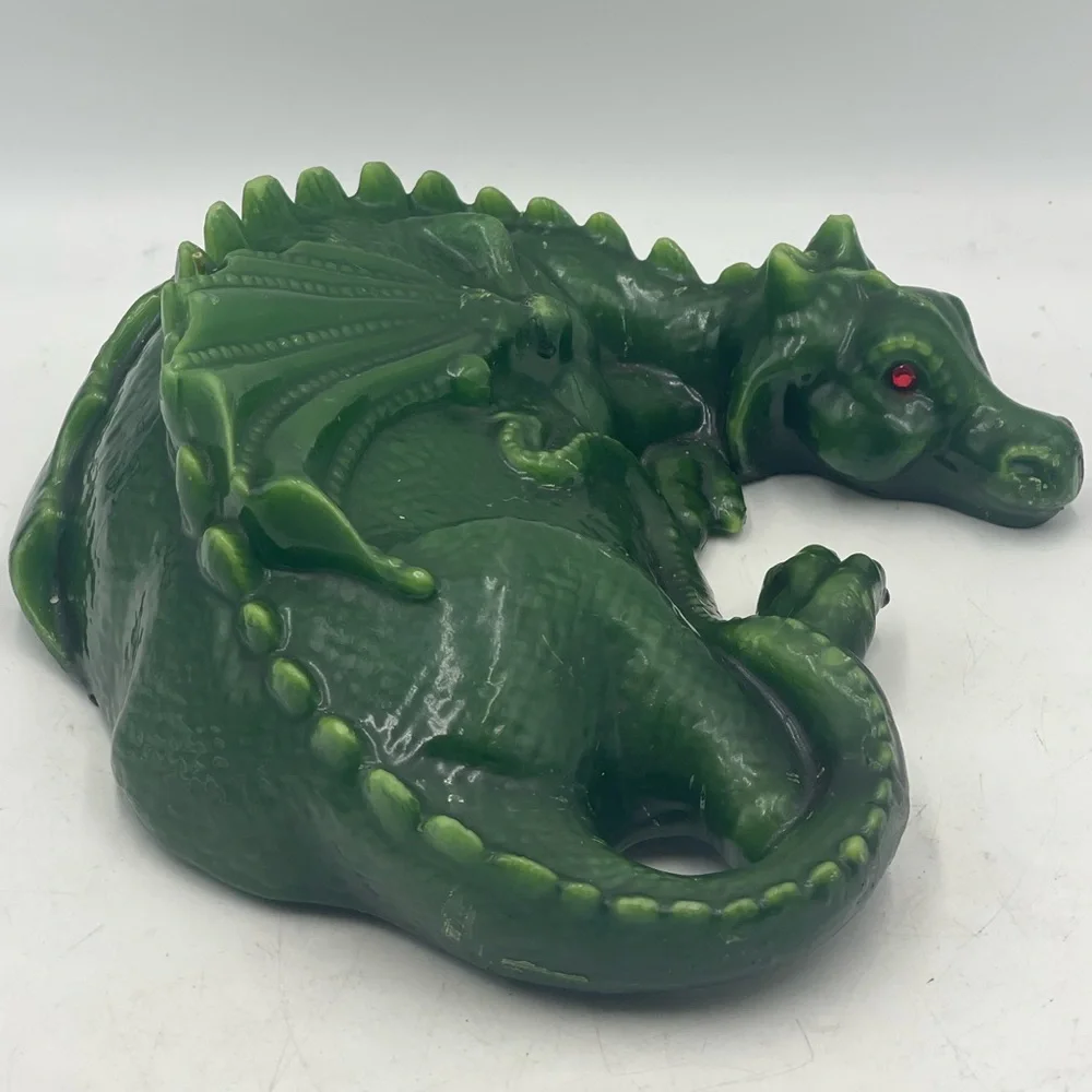 Vintage Unburnt Wax Candle Mythical Green Dragon Shaped Reptile w/Red Glass Eyes